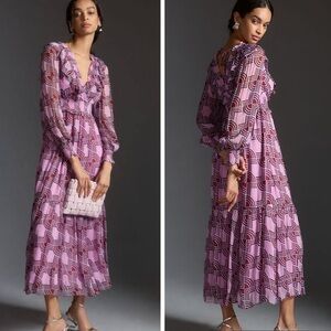 Anthropologie The Odetta Ruffled V-Neck Dress Medium New Pink Geometric Pattern